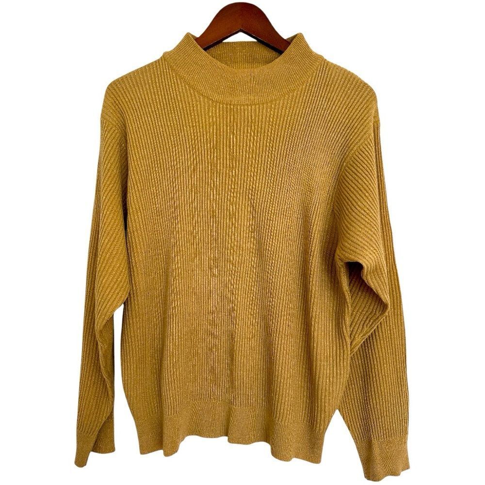 Vintage Sweater 70s/80s Ribbed Long Sleeve Top Mock Neck Metallic Gold Size 3X
